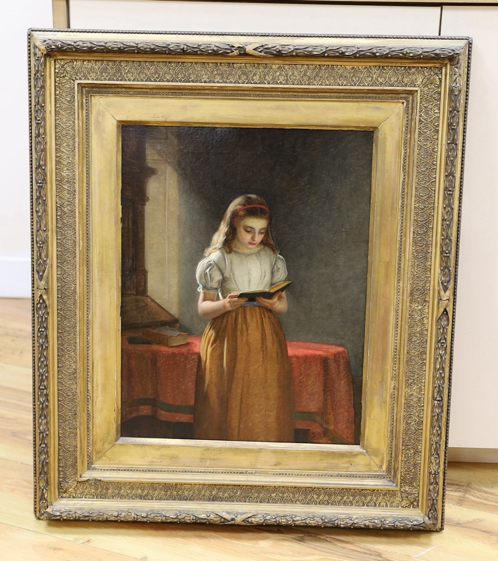 Richard Crafton Green (1848-1934), oil on canvas, Young girl reading, signed and dated 1877, label verso, 45 x 34cm
